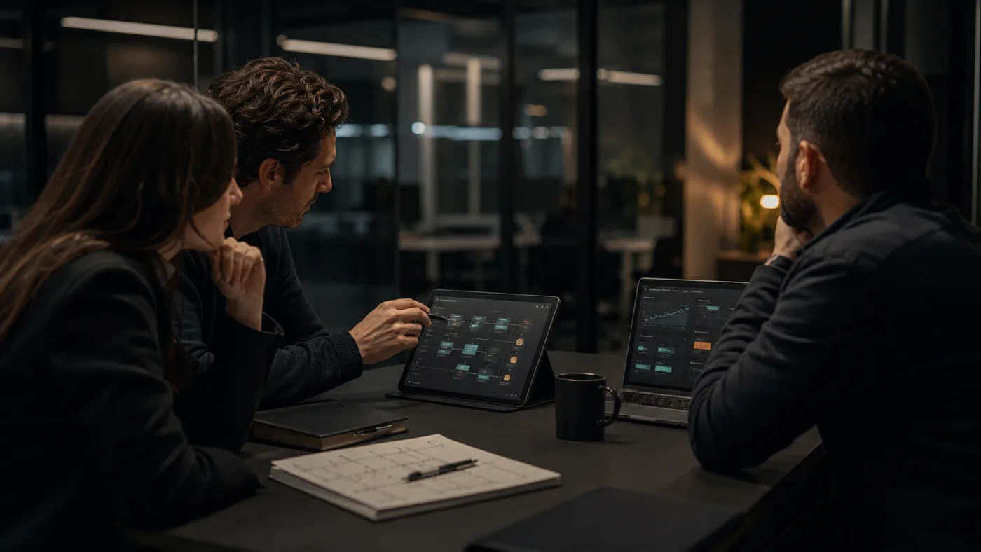 Equipo revisando un proceso operativo en una tablet y un portátil