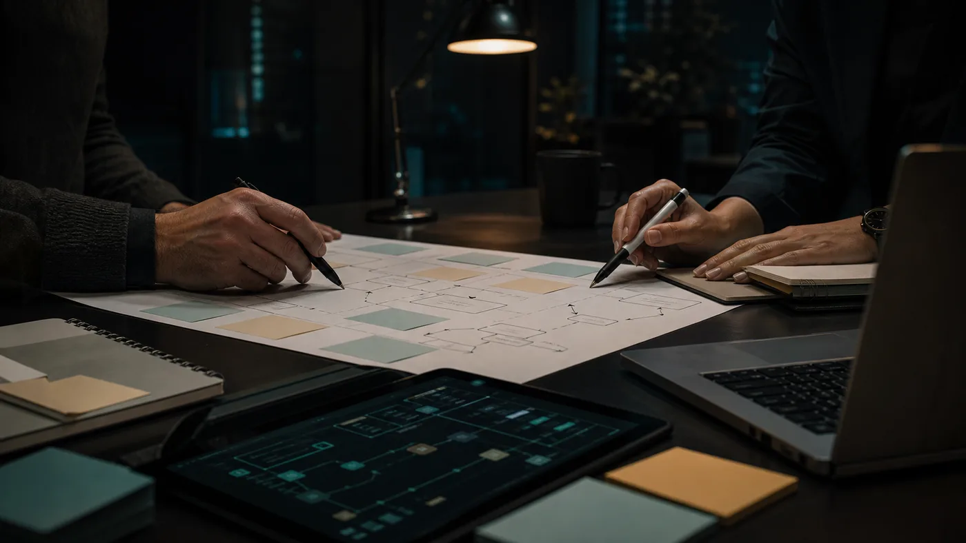 Manos organizando un mapa de proceso antes de automatizar